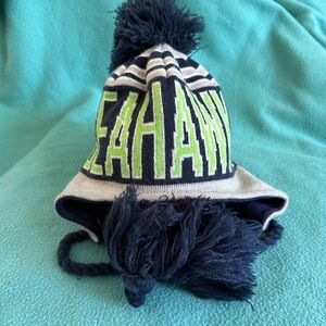 Striped Pom-Pom Beanie with Seahawks Design - youth - like new